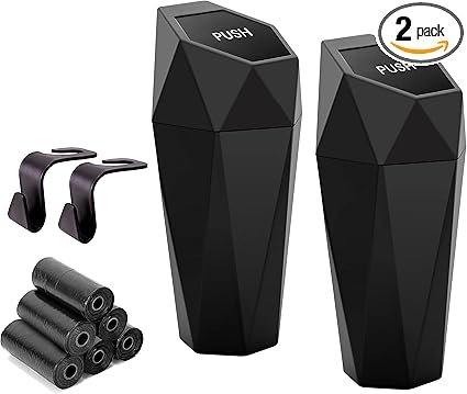 Ginsco Car Trash Can Cup Holder, 2 Pack Mini Trash Can with Lid, Car Accessories for Interior, Leakproof Small Trash Cup for Home with Additional 2 ABS Hooks and 90pcs Trash Bags Black