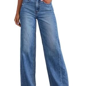 Sidefeel Women's Wide Leg Jeans High Waisted Stretchy Raw Hem Zimbaplatinum Denim Pants