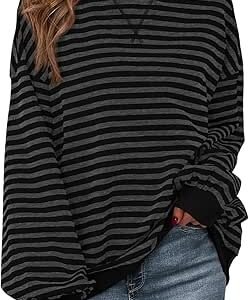 PRETTYGARDEN Womens Striped Oversized Sweatshirt Color Block Crew Neck Long Sleeve Casual Loose Pullover Top Y2K Clothes