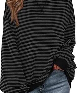 Womens Striped Oversized Sweatshirt | Color Block Crew Neck Long Sleeve Casual Loose Pullover Top Y2K Clothes - High Quality Product Image
