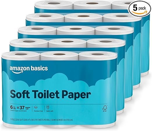 Amazon Basics FSC-Certified 2-Ply Septic-Safe Toilet Paper, Soft, 350 Sheets per Roll, 30 Rolls = 185 Regular Rolls