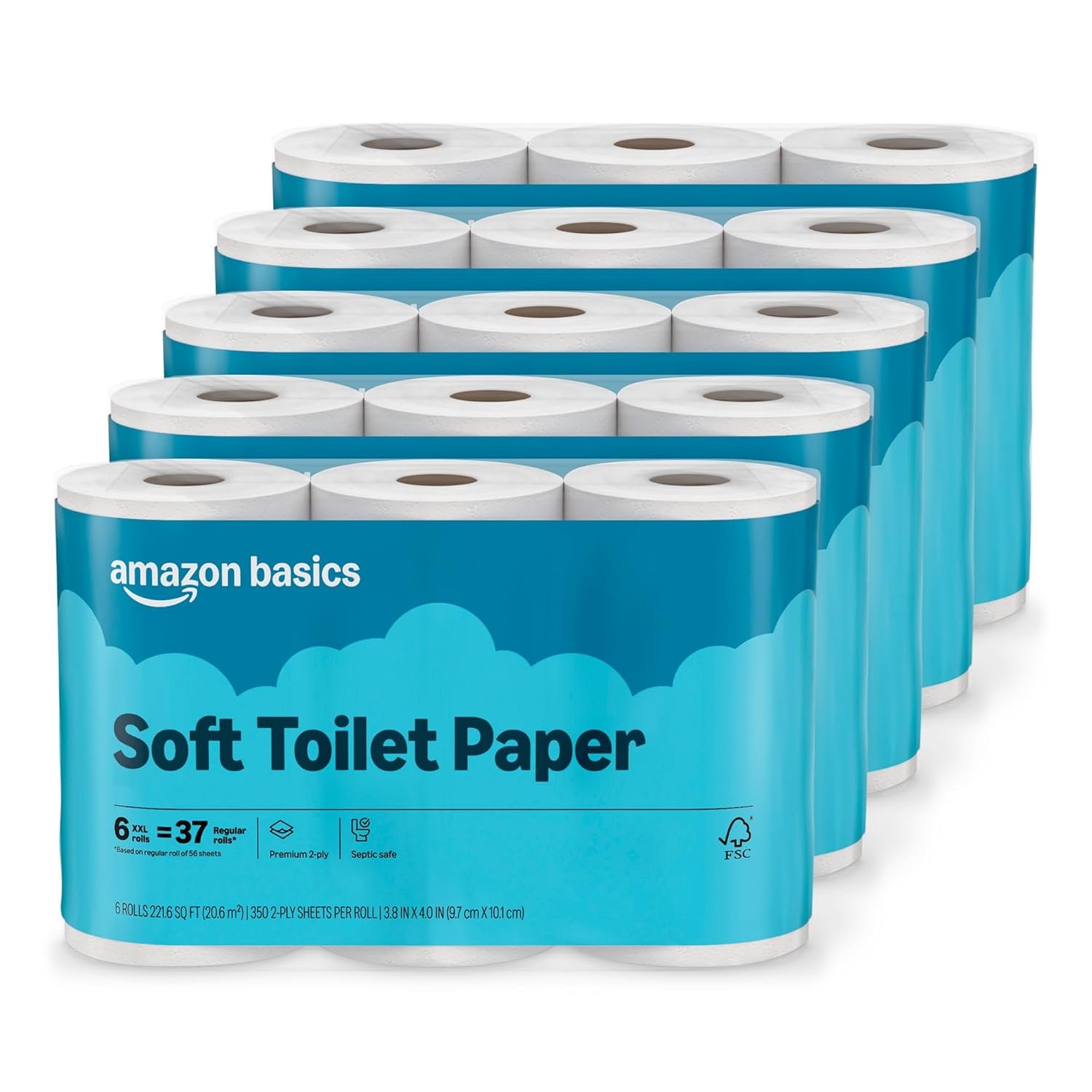 Amazon Basics FSC-Certified 2-Ply Septic-Safe Toilet Paper, Soft, 350 Sheets per Roll, 30 Rolls = 185 Regular Rolls