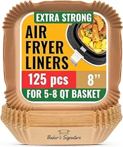 Air Fryer Paper Liners, 125Pcs Air Fryer Disposable Liners, Non-Stick and Oil Proof for Easy Cleanup, 8” Square for 5-8 qt Basket by Baker's Signature - High Quality Product Image