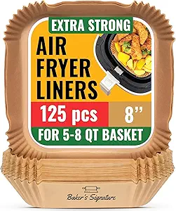 Air Fryer Paper Liners, 125Pcs Air Fryer Disposable Liners, Non-Stick and Oil Proof for Easy Cleanup, 8” Square for 5-8 qt Basket by Baker's Signature