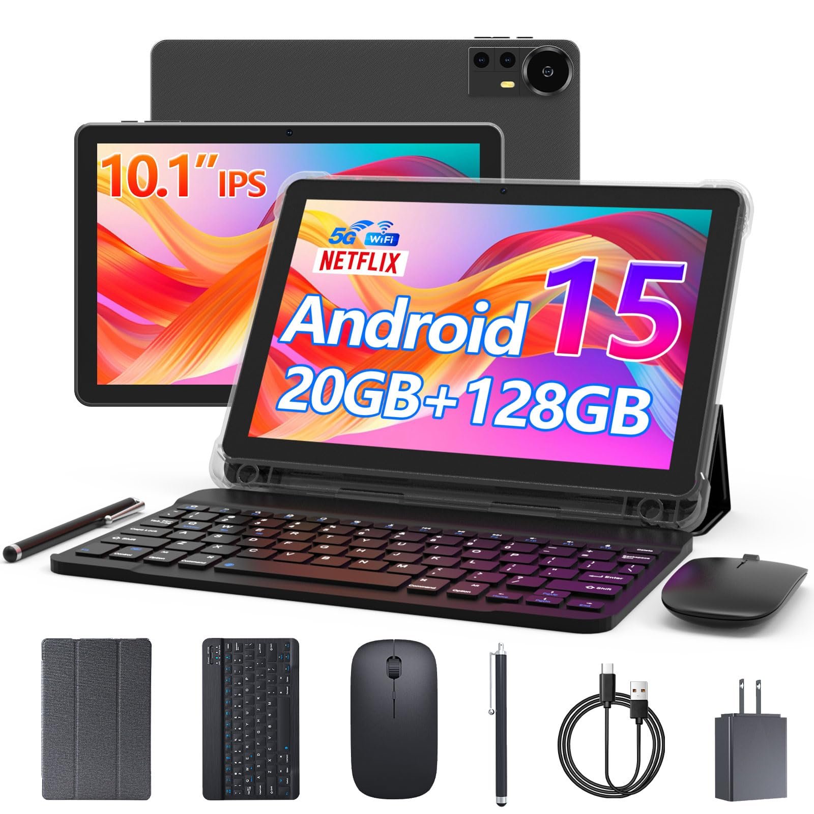 Android 15 Tablet 10.1" 20GB RAM, 128GB ROM/2TB Expandable, Quad-core 2.0GHz, HD Screen, 5G WiFi6 BT 5.0, 2-in-1 Tablets