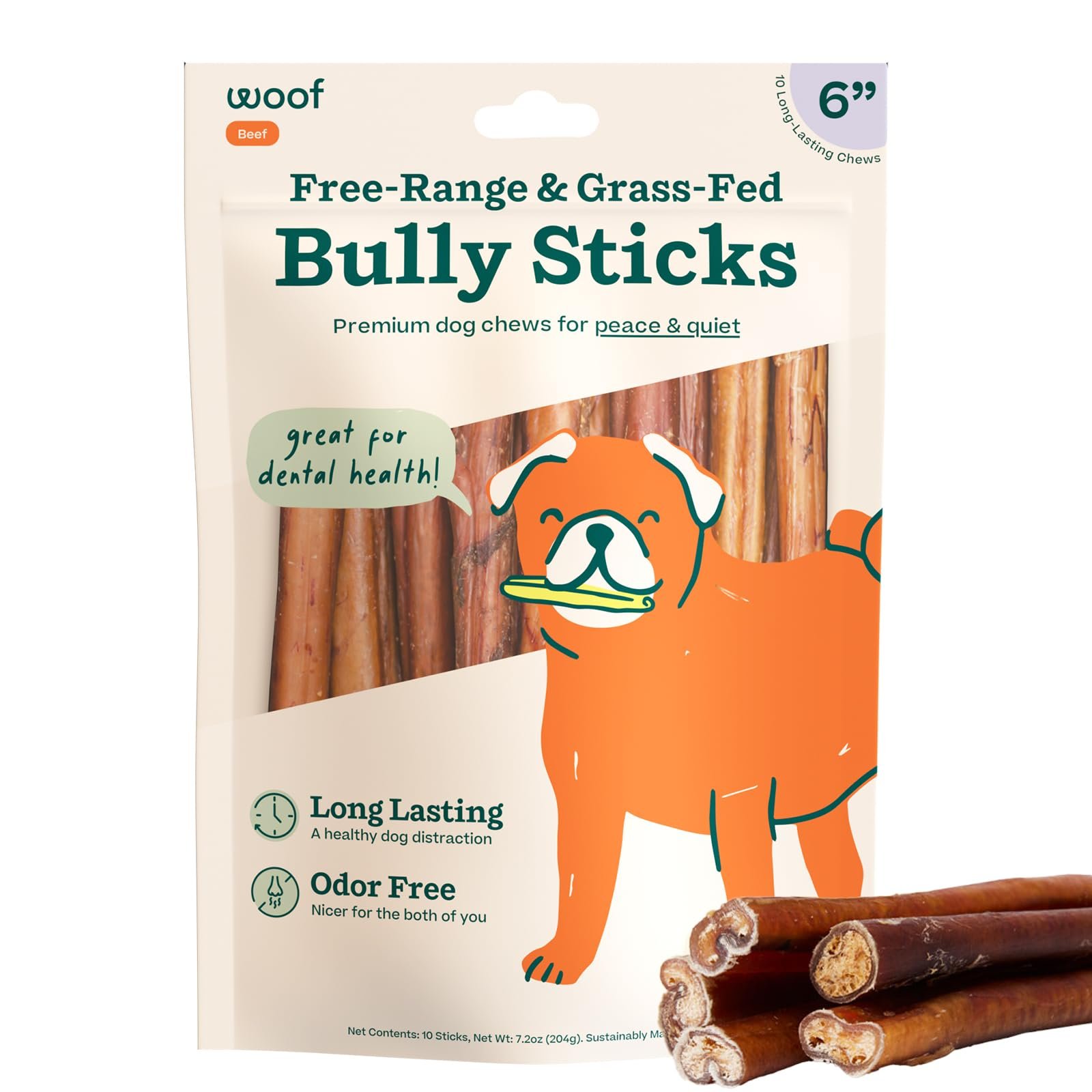 WOOF Bully Sticks Dog Treats - Chew Sticks for Dogs - Long-Lasting Dog Chew Treats - Made with Free-Range, Grass-Fed Beef - 6" Sticks - 10pk