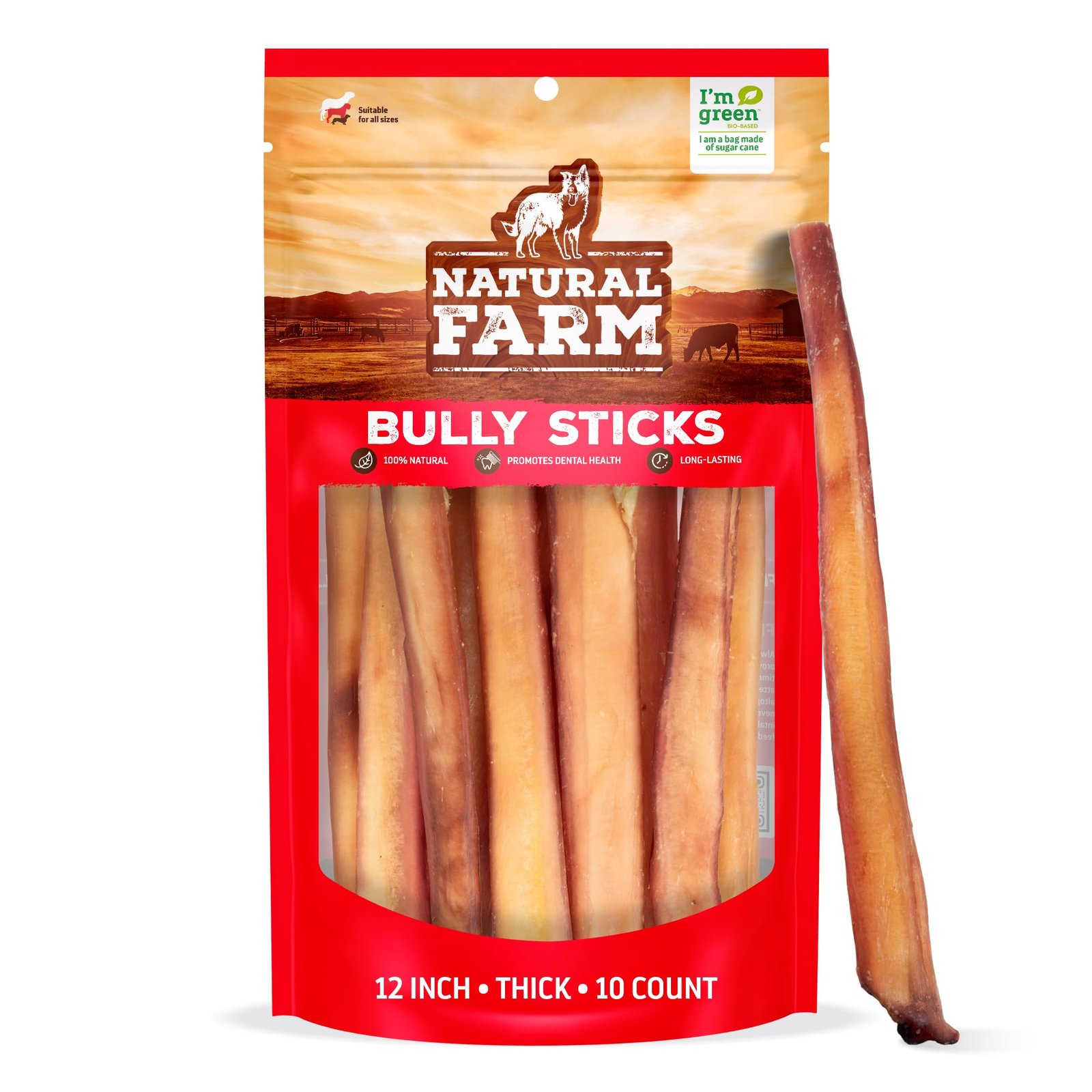 Natural Farm Extra-Thick 12-Inch Beef Bully Sticks Dog Chews - Odor-Free Dental Treats for Dogs