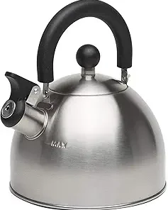 Primula Stewart Whistling Stovetop Tea Kettle Food Grade Stainless Steel, Hot Water Fast to Boil, Cool Touch Folding, 1.5-Quart, Brushed with Black Ha - High Quality Product Image