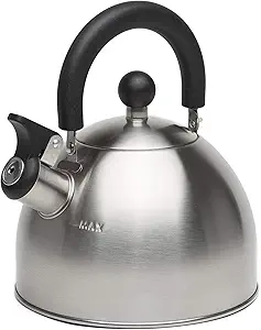 Primula Stewart Whistling Stovetop Tea Kettle Food Grade Stainless Steel, Hot Water Fast to Boil, Cool Touch Folding, 1.5-Quart, Brushed with Black Ha