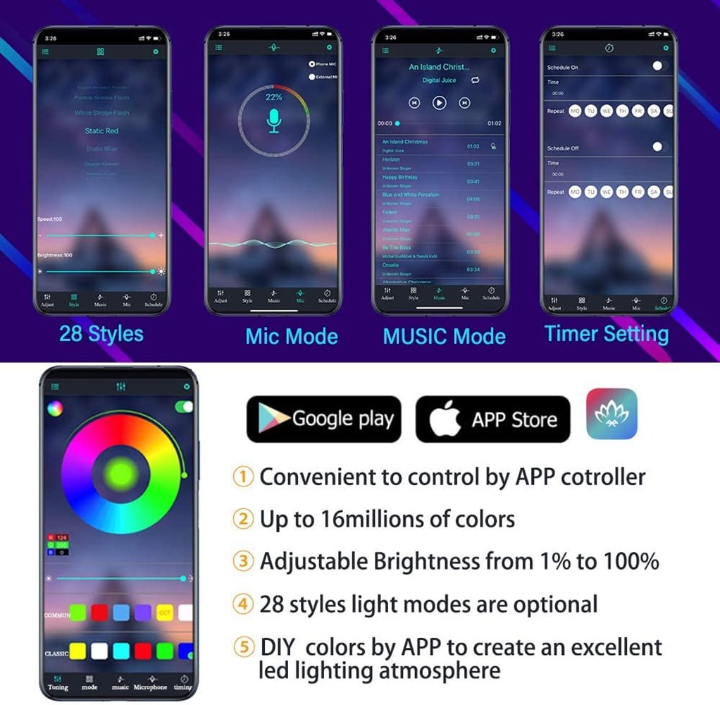 LED Car Interior Atmosphere Lights Strip 6M 5in1 RGB Optic Music ControlNeon Lamp Strip Universal - Image 5