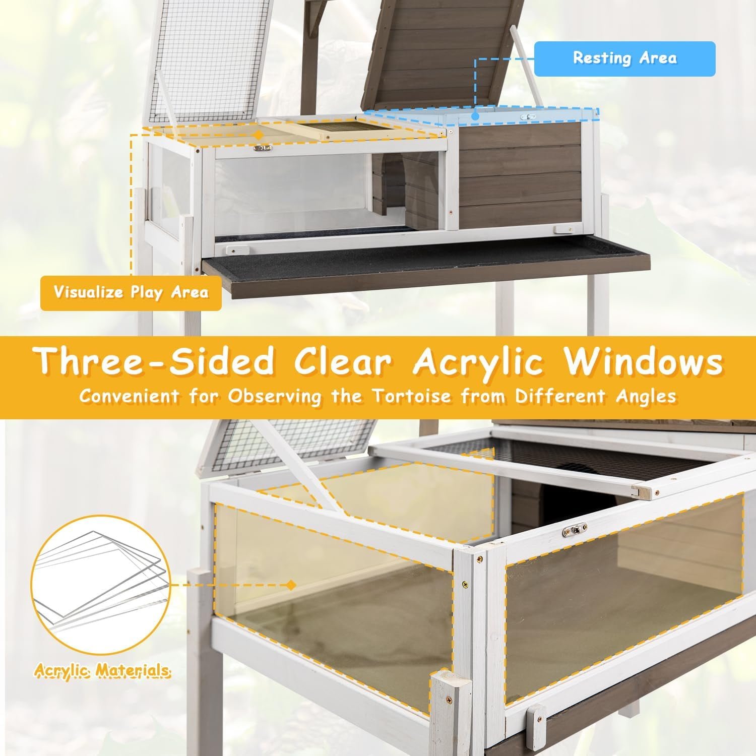 PETSCOSSET Tortoise Habitat Turtle Enclosure with Detachable Legs, Wooden Indoor Reptile Cage for Small Animals with Leakproof Tray - Image 4