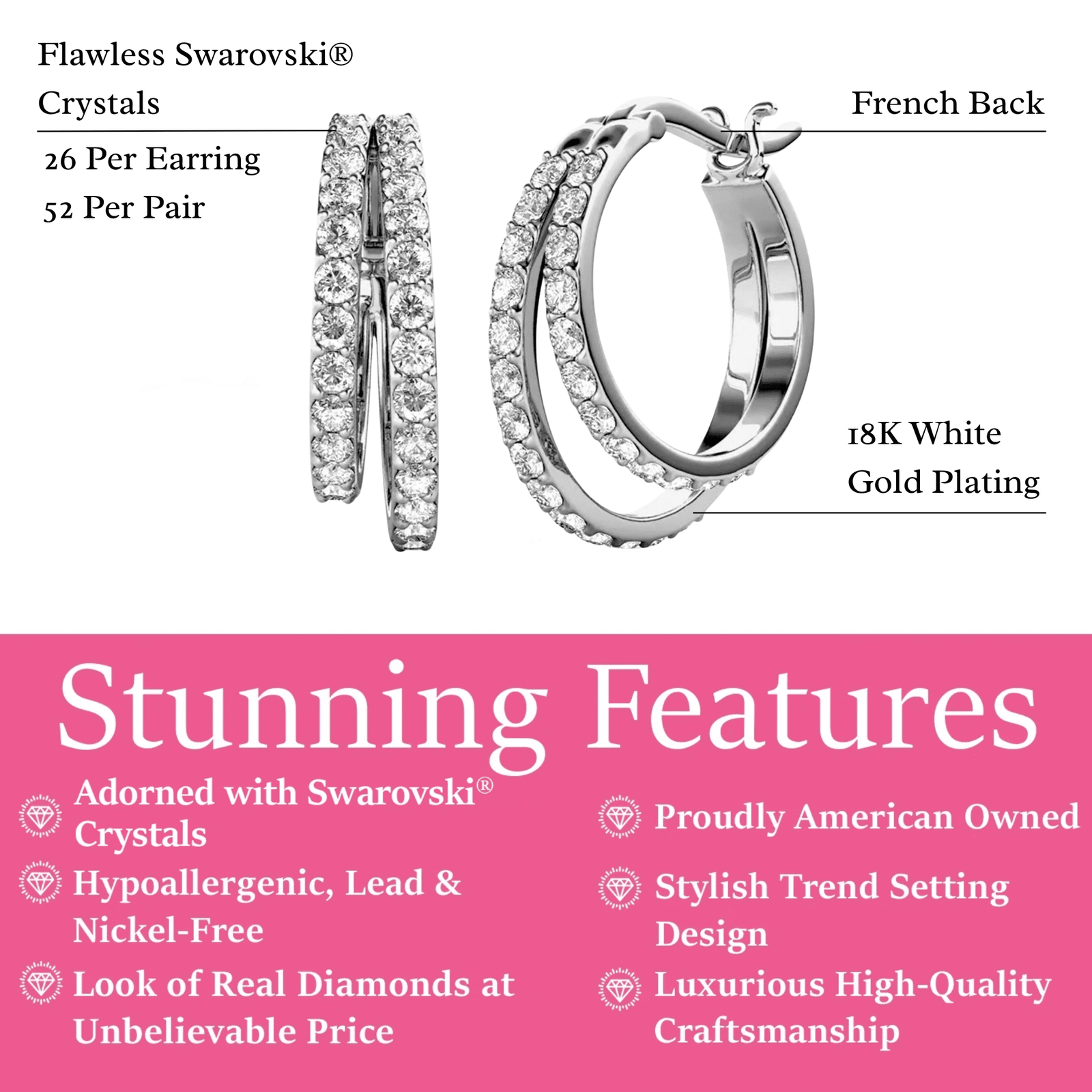 Cate & Chloe Corina 18k White Gold Plated 20mm Hoop Earrings with Swarovski Crystals Gift for Women - Image 3