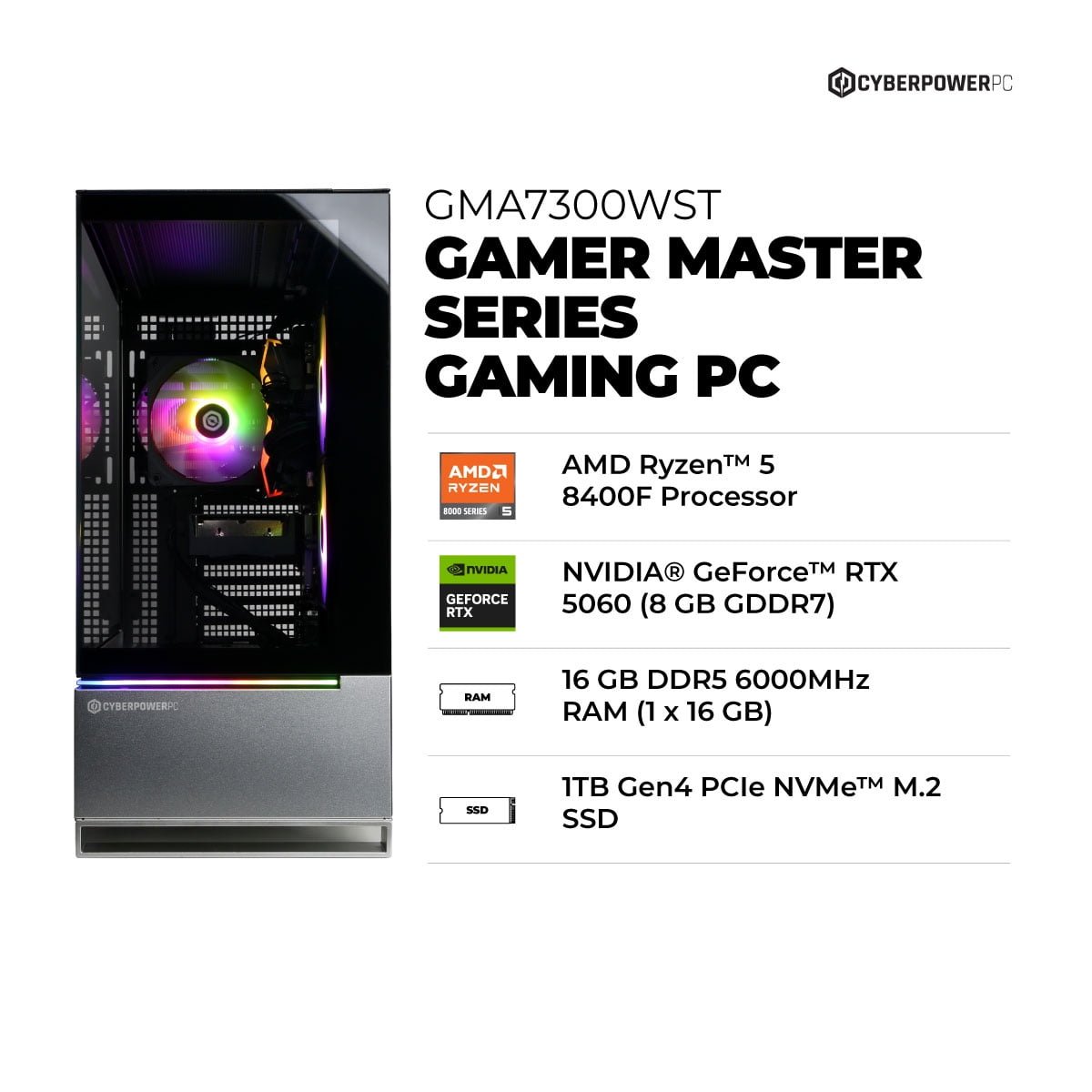 CyberPowerPC Gamer Master Gaming Desktop, AMD Ryzen 5 8400F, NVIDIA GeForce RTX 5060 8GB, 16GB DDR5, 1TB SSD, Black, GMA7300WST - Image 3