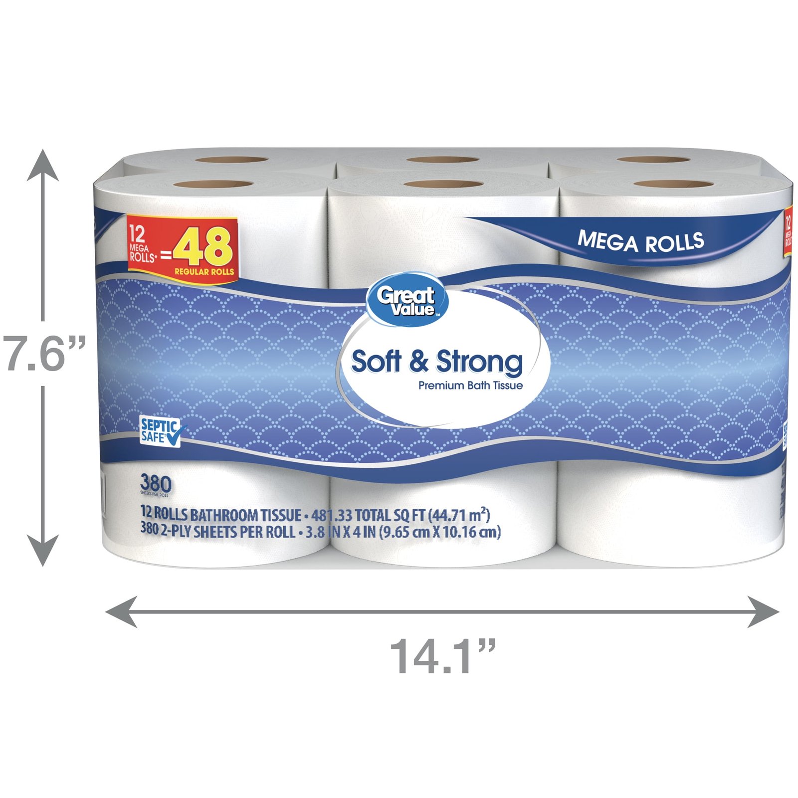 Great Value Soft & Strong Premium Toilet Paper, 12 Mega Rolls, 380 Sheets per Roll - Image 3