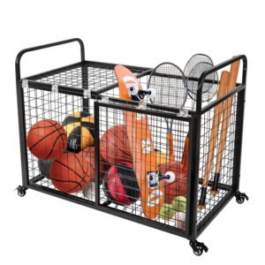 heodmaem Ball Cart Storage for Garage Compatible with Optional Divider, Extra Large Basketball Cage Bin for Indoor Outdoor, Heavy Duty Sports Equipment Organizer for Gym, School,Club