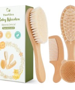 Yoofoss 4 Piece Baby Brush and Comb Set, Wooden Baby Brush with Natural Ultra Soft Goat Hair, Baby Hair Brush for Newborn, Baby Brush Set for Boy Girl