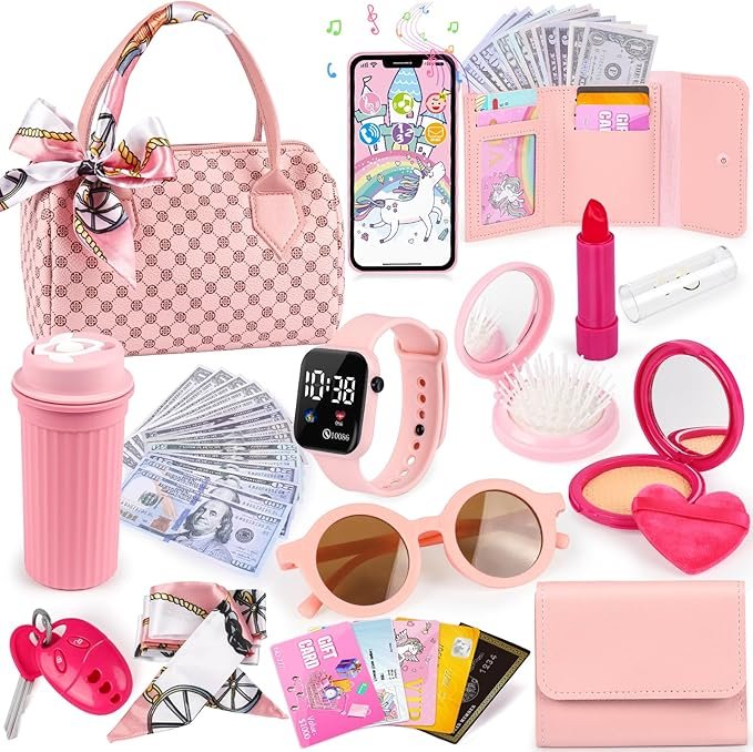 Play Purse for Little Girls, 32PCS Toddler Purse with Pretend Makeup for Kids, Princess Toys Includes Handbag, Phone, Wristwatch, Silk Scarf Kids Toy