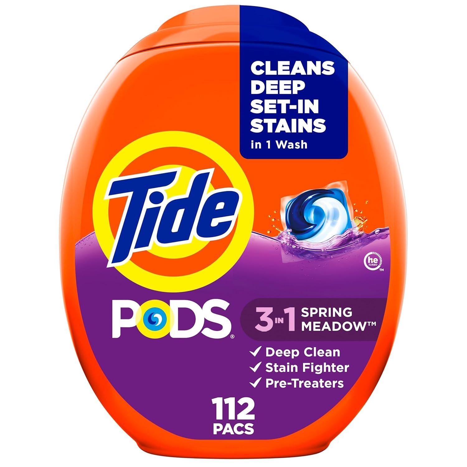 Tide PODS laundry detergent pacs, 3-in-1 Stain Remover, Odor Fighter, Color Protector, 112 Count, HE compatible, Spring Meadow Scent