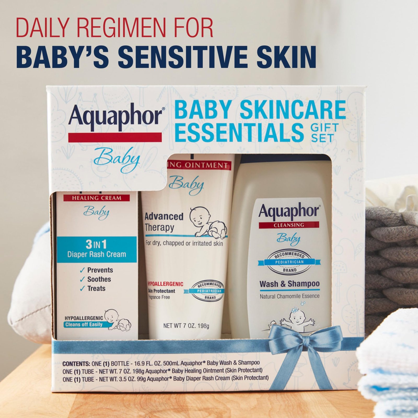 Aquaphor Baby Skin Care Essentials Gift Set with Baby Wash and Shampoo (16.9 Fl Oz) + Healing Ointment for Chapped Skin and Drool Rash (7Oz) + Diap... - Image 4