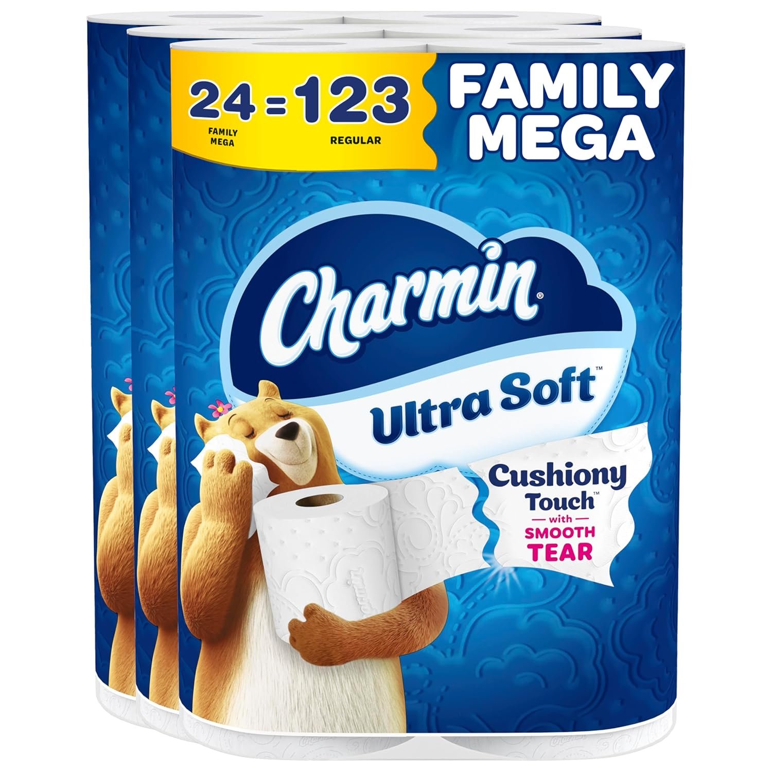 Charmin Ultra Soft Cushiony Touch Toilet Paper, 24 Family Mega = 123 Regular Rolls, White