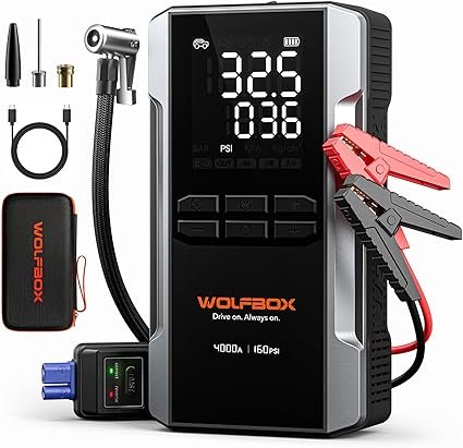 WOLFBOX 4000A Jump Starter with 160PSI Air Compressor, 12V Car Battery Booster, 65W Fast Charge, 88.8Wh Portable Tire Inflator, LED Display for 10L Ga