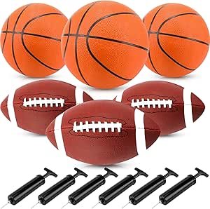 6 Pack Sport Balls Set with Pumps Official Size Footballs and Basketballs Bulk for Training and Practice Indoor Outdoor Use for Youth Adults Sport Gifts