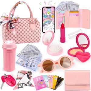 Play Purse for Little Girls, 32PCS Toddler Purse with Pretend Makeup for Kids, Princess Toys Includes Handbag, Phone, Wristwatch, Silk Scarf Kids Toy