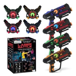 ArmoGear Set of 4 Laser Tag Guns with Vests - Laser Tag Set for Kids and Adults - Toy Guns with 150 ft Range, Night Vision, Invisibility Mode - Battery Operated - Multiplayer Outdoor Game for Ages 8+