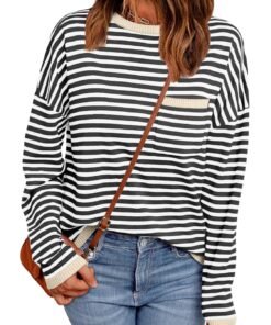 Luxe Soft Knit Women's Striped Sweater with Chest Pocket - High Quality Product Image