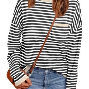 LILLUSORY Womens Striped Soft Knit Pullover Sweater Loose Fit Lightweight Outfits with Chest Pocket