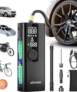 Airmoto Tire Inflator Portable Air Compressor - Air Pump for Car Tires with Digital Pressure Gauge, LED Light and Auto Shut-Off Function - Cordless Pu - High Quality Product Image