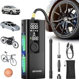 Airmoto Tire Inflator Portable Air Compressor - Air Pump for Car Tires with Digital Pressure Gauge, LED Light and Auto Shut-Off Function - Cordless Pu