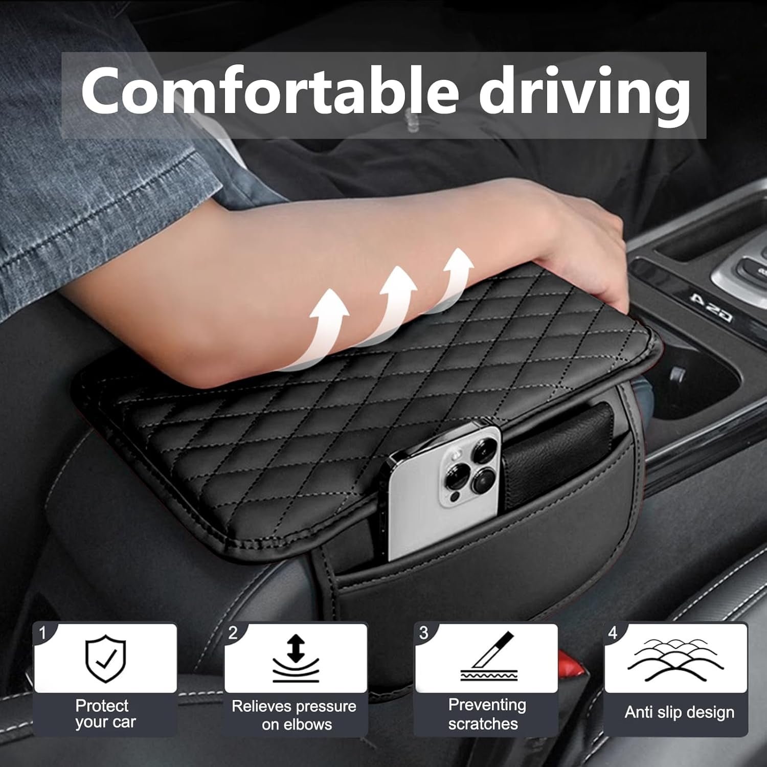 GrowAlong Universal Car Center Console Armrest Cover for Vehicle, Black PU Leather Pad Protector with 2 Storage Bags - Image 2