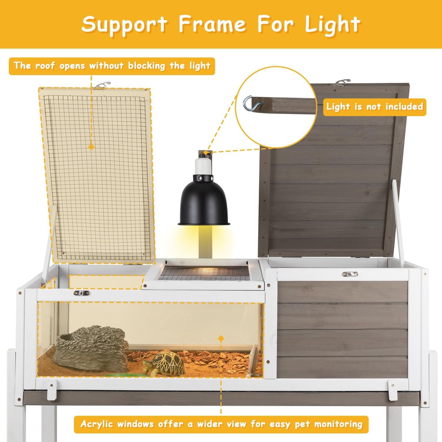 PETSCOSSET Tortoise Habitat Turtle Enclosure with Detachable Legs, Wooden Indoor Reptile Cage for Small Animals with Leakproof Tray - Image 6
