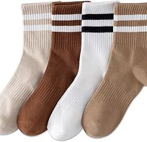 YUWELL Womens Striped Crew Socks, Cotton Cozy Casual Socks for Women 4 Pairs, Size 5-10