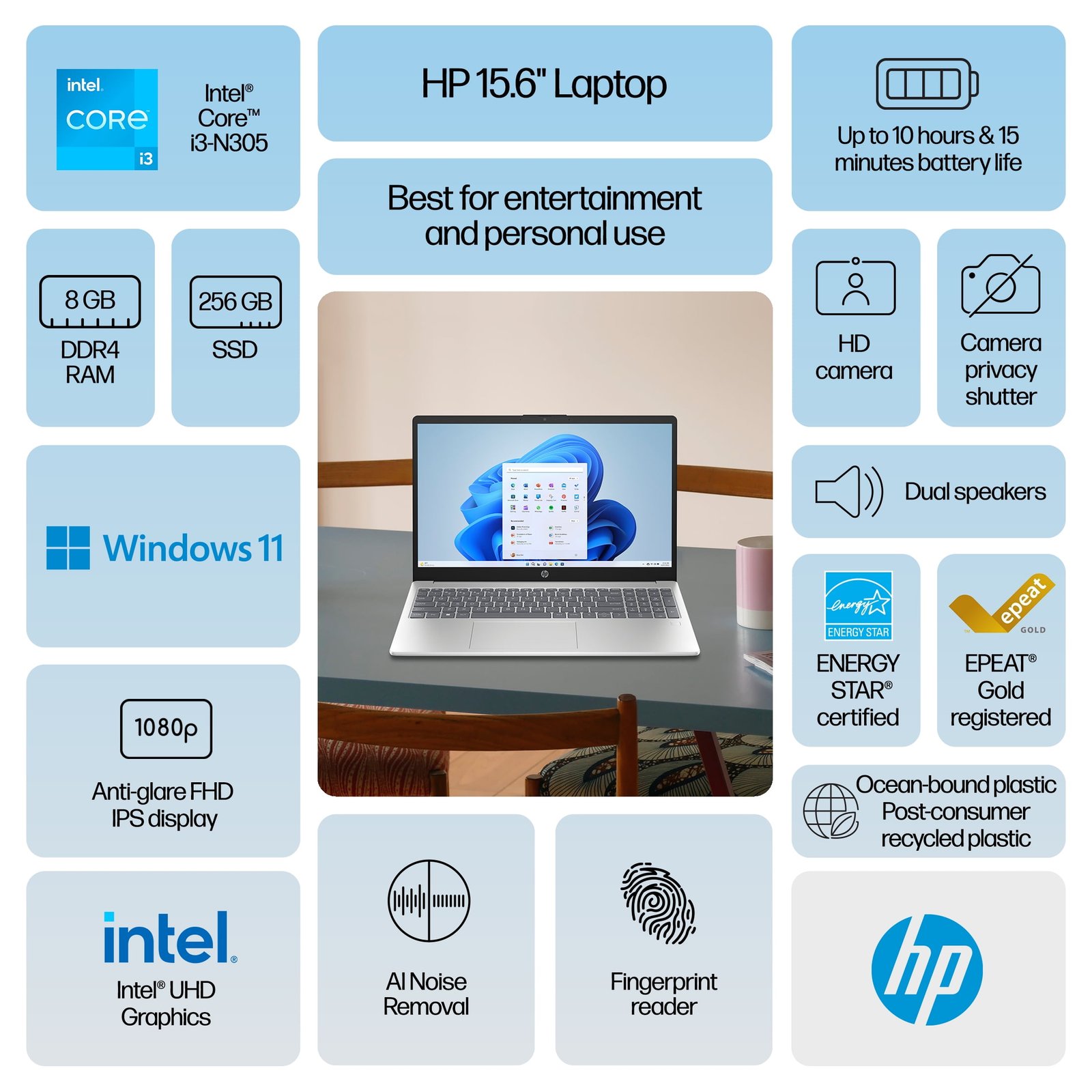 HP 15.6 inch Windows Laptop Intel Core i3-N305 8GB RAM 256GB SSD Natural Silver - Image 3