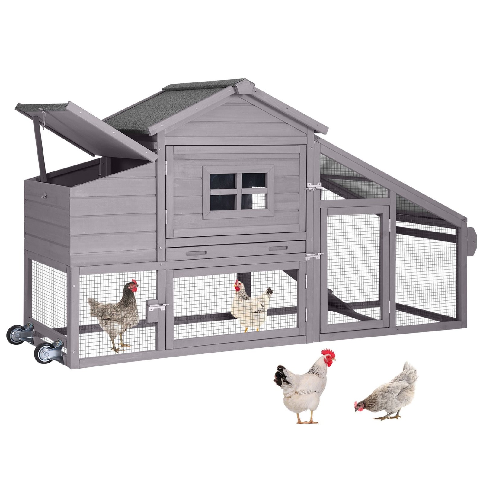 Aivituvin Mobile Chicken Coop with Wheels for 2-4 Chickens, Weatherproof Chicken House Poultry Cage with Nesting Box, Leakproof Pull-Out Tray for Outdoor Backyard, Gray