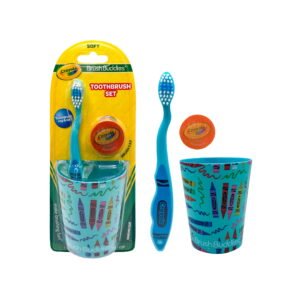 Brush Buddies Crayola Soft Bristle Toothbrush Set for Toddlers, 3 Piece Travel Kit with Cover and Cup