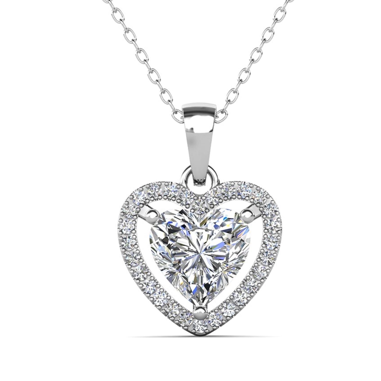 Cate & Chloe Amora 18k White Gold Plated Heart Pendant Necklace with Simulated Diamonds for Women