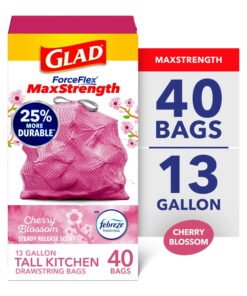 Glad ForceFlex MaxStrength 13gal Tall Kitchen Trash Bags, Cherry Blossom (40) - Strong & Leak-Resistant