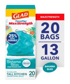 Glad ForceFlex MaxStrength Scented Tall Kitchen Trash Bags, 13 Gallon, Bahama Bliss with Febreze Freshness, 20 Bags