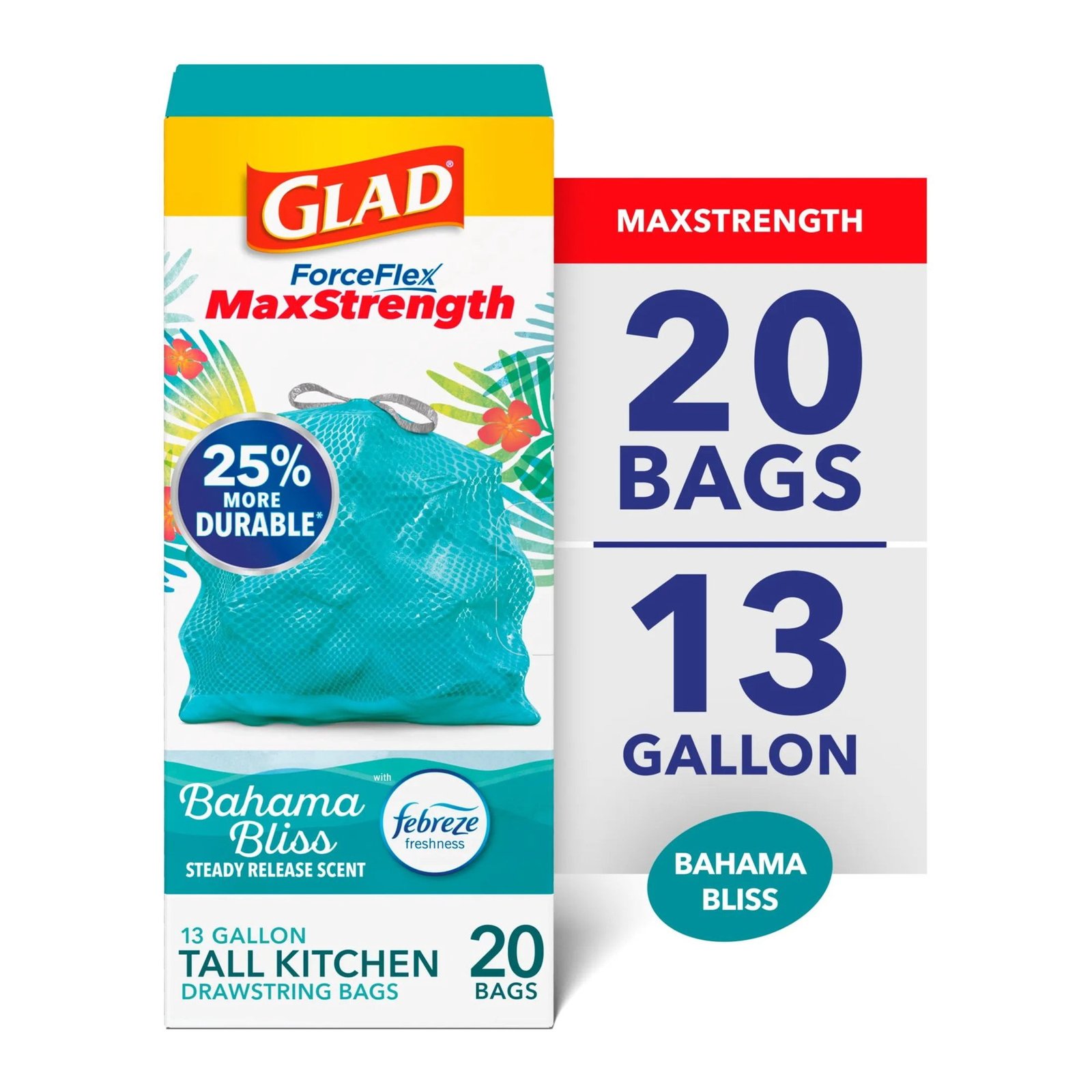 Glad ForceFlex MaxStrength Scented Tall Kitchen Trash Bags, 13 Gallon, Bahama Bliss with Febreze Freshness, 20 Bags