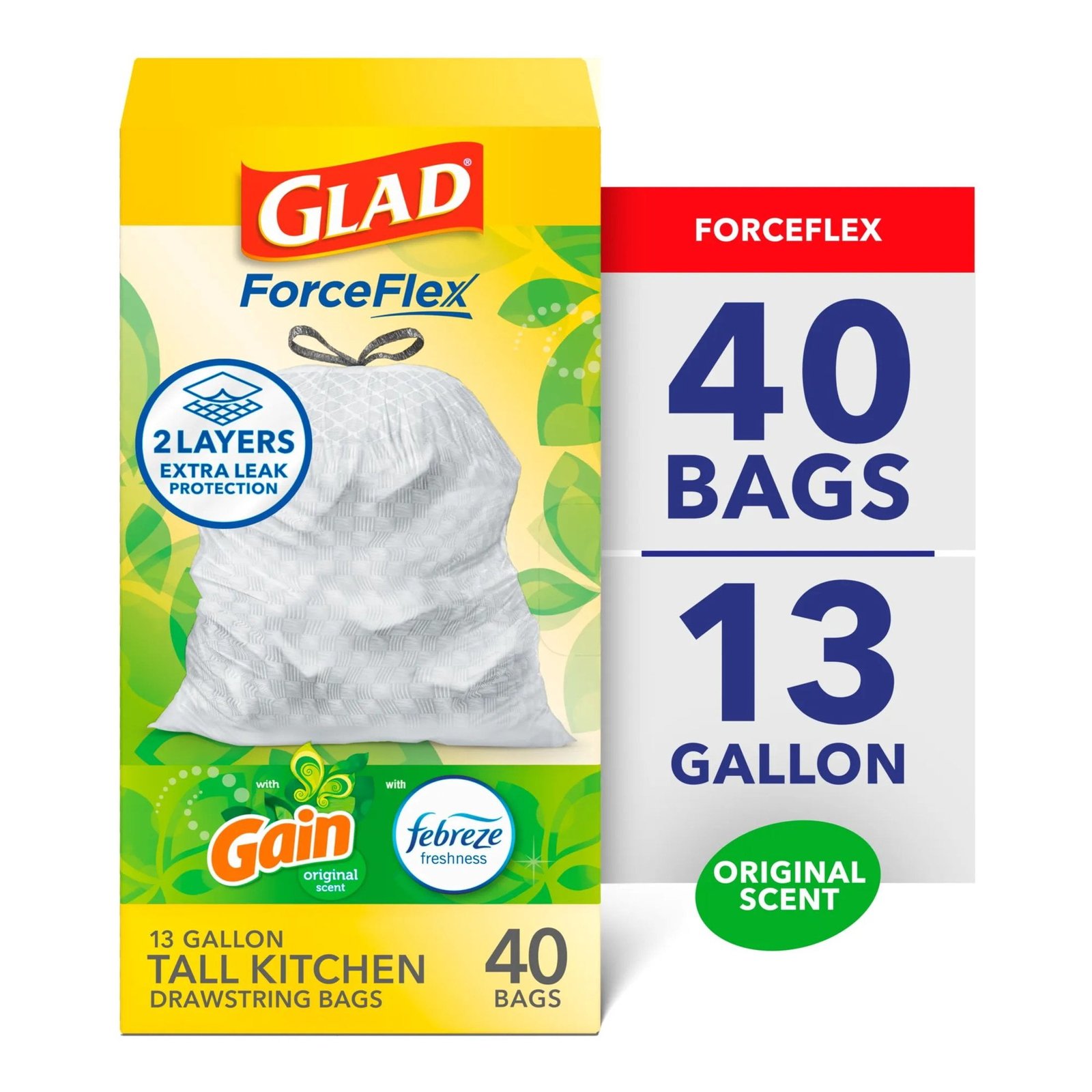 Glad ForceFlex Tall Kitchen Drawstring Trash Bags, 13 Gallon, Gain Original with Febreze Freshness, 40 Count