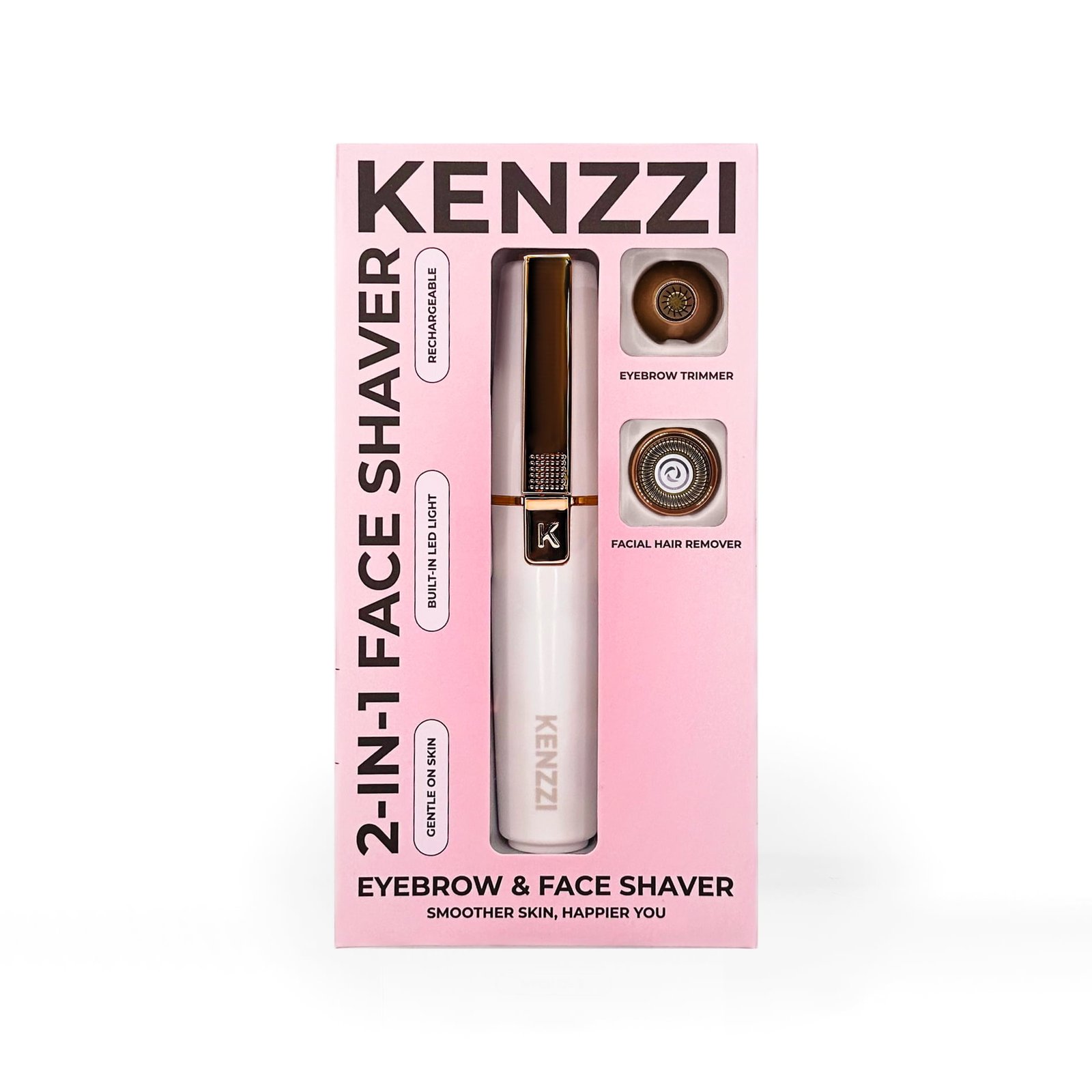 KENZZI 2-in-1 Facial Hair Remover and Eyebrow Shaver for Women, USB-C Rechargeable, White and Rose Gold, 1 Count
