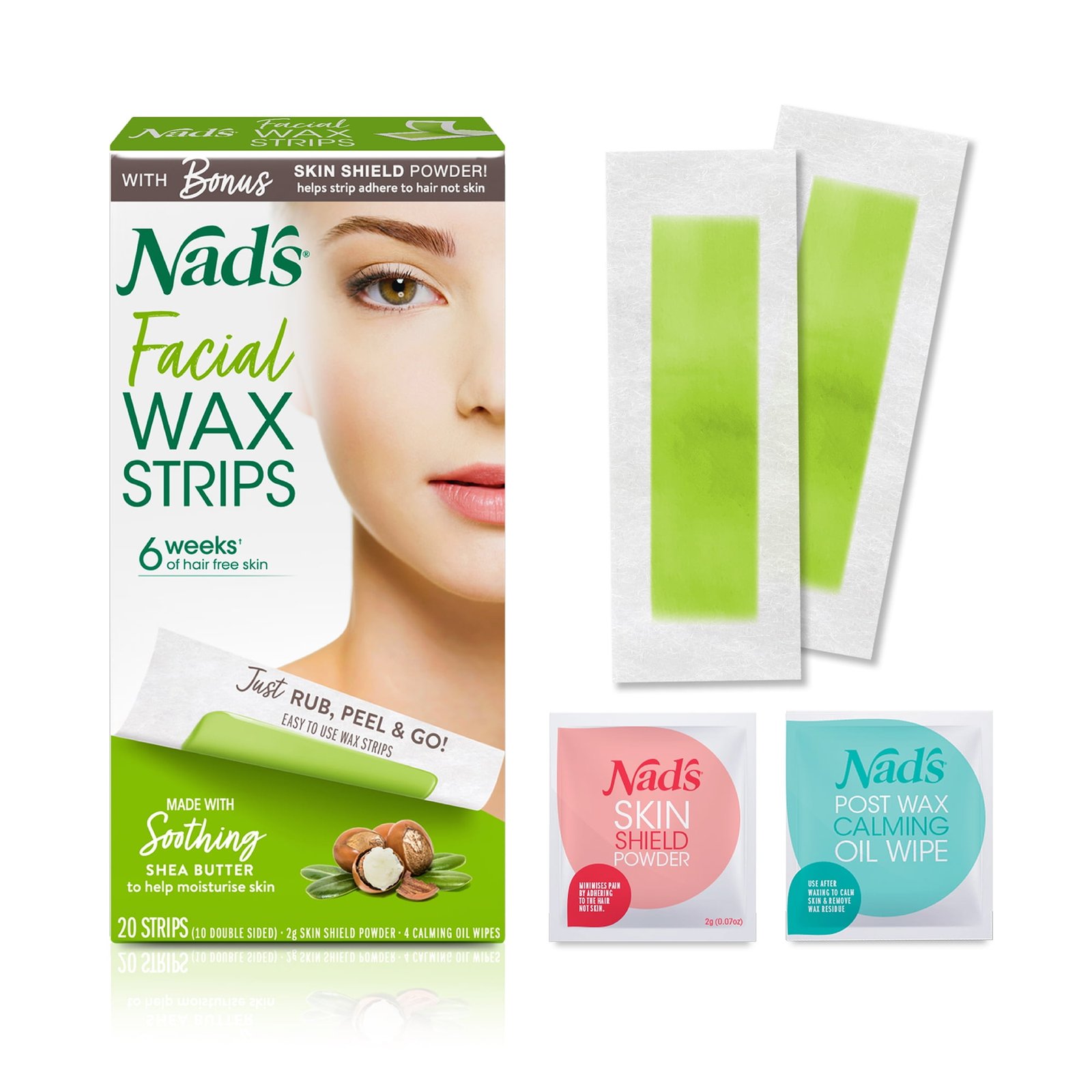Nad's Facial Wax Strips 20 Pack for Women's Facial Hair Removal With 4 Calming Oil Wipes + Skin Protection Powder - High Quality Product Image