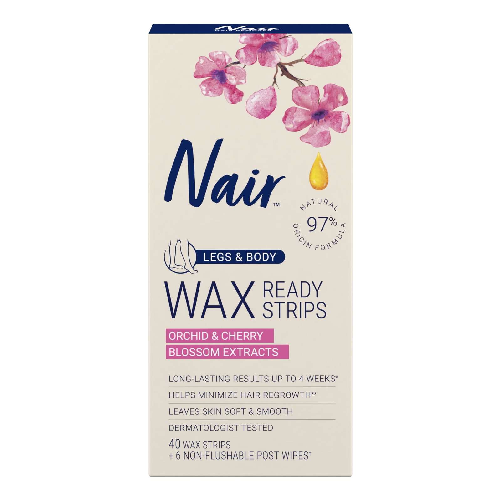 Nair Wax Ready Strips, Hair Removal Wax Strips For Legs and Body, 40 Count Plus 6 Post Wipes