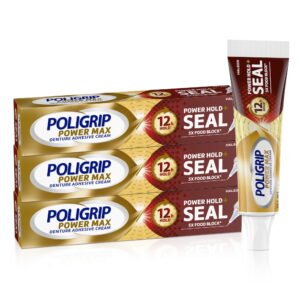 Poligrip Power Max Power Hold + Seal Denture Adhesive Cream, Flavor Free - 2.2 Oz (3 Pack)