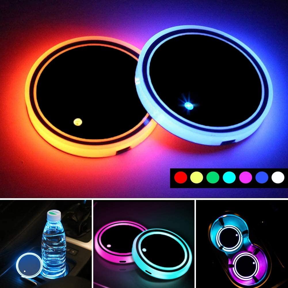 Walbest LED Car Cup Holder Lights,7 Colors Changing USB Charging Mat Waterproof Cup Pad,LED Interior Atmosphere Lamp Decoration Light Car Accessories