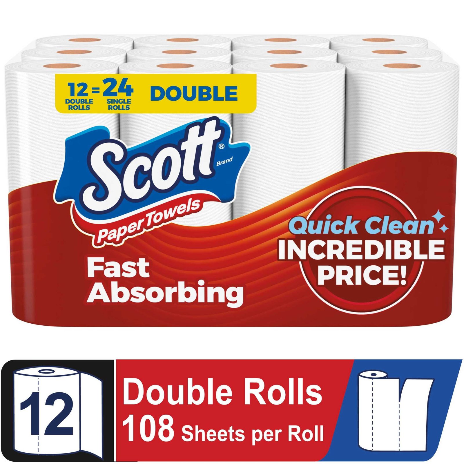 Scott Paper Towels, Choose-A-Sheet, 12 Double Rolls