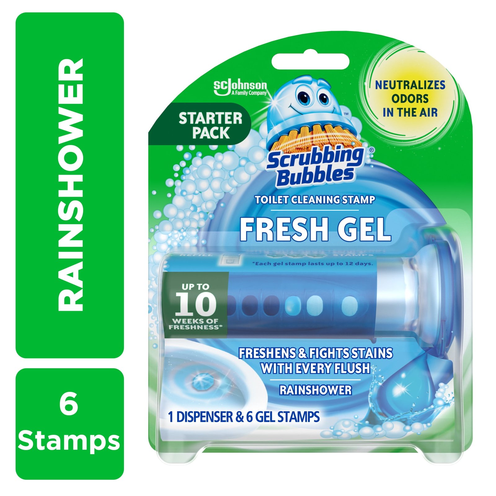 Scrubbing Bubbles Fresh Gel Toilet Bowl Cleaning Stamp, Rainshower, Dispenser with 6 Gel Stamps, 1.34 oz